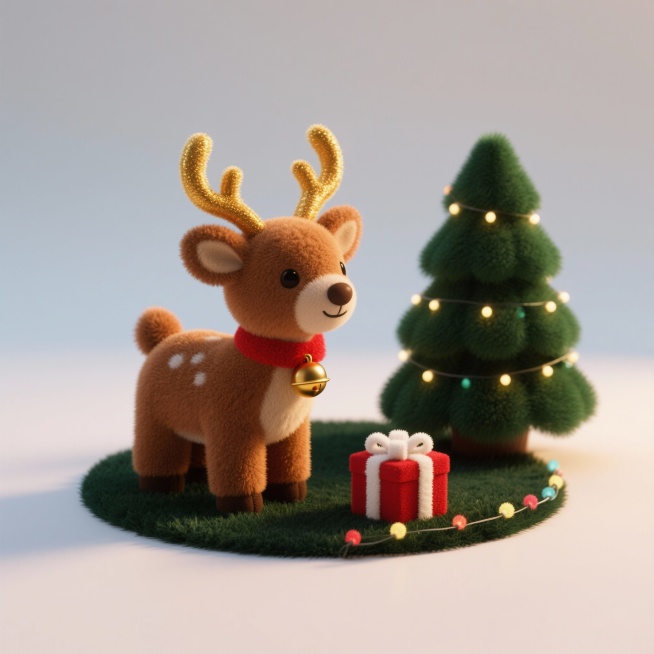 主体：毛绒驯鹿（棕绒面料，鹿角裹金绒，脖子系红绒铃铛，填棉立体）；点缀：深绿短绒地毯（仅铺垫主体），旁边摆 1 个迷你毛绒圣诞礼盒（红绒盒身 + 白绒丝带）、1 串小毛绒彩灯；放驯鹿侧前方；场景：逆光预览效果
