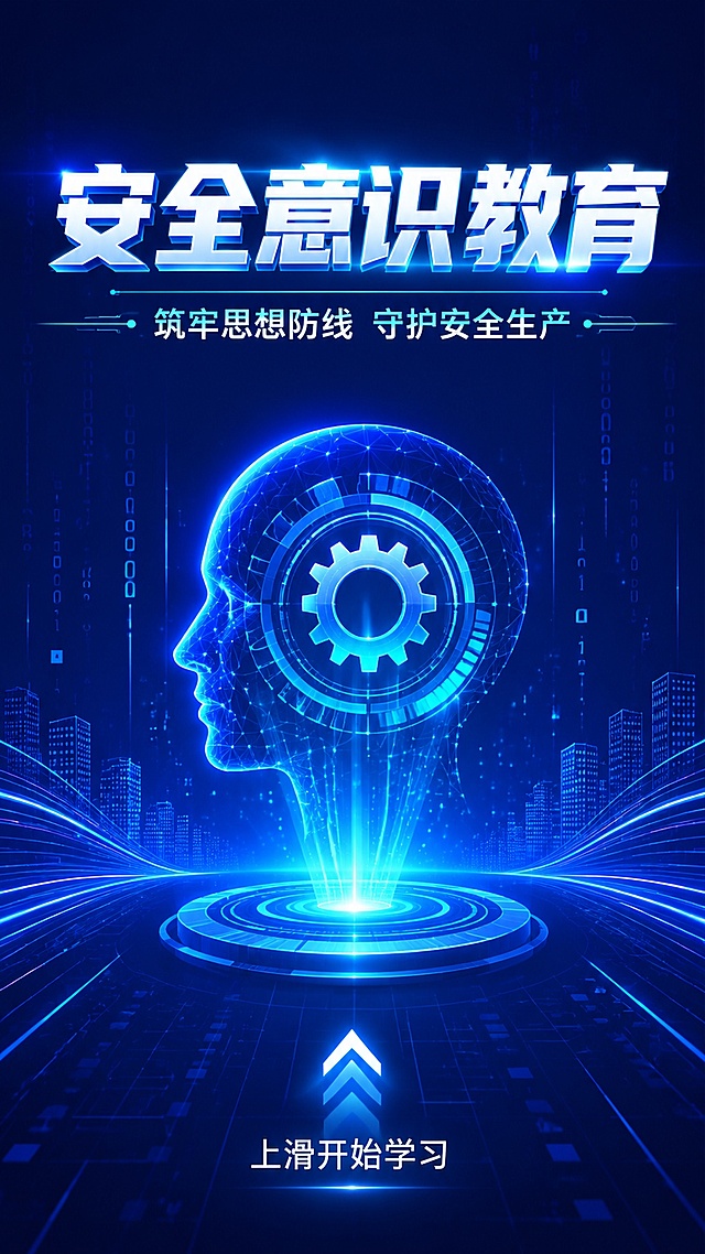 科技感安全意识教育H5封面页，深蓝色渐变背景，发光的数字粒子和数据流线条，中央有一个发光的人脑轮廓与齿轮结合的全息投影图标，象征意识与安全管理。主标题大字'安全意识教育'，副标题'筑牢思想防线 守护安全生产'，底部有'上滑开始学习'提示文字和向上箭头动效指示。整体风格科技感、未来感、深蓝色调配青色霓虹光效，版式精美，9:16竖版手机H5封面。画面中必须完整呈现以下文字信息：主标题'安全意识教育'，副标题'筑牢思想防线 守护安全生产'，底部提示'上滑开始学习'