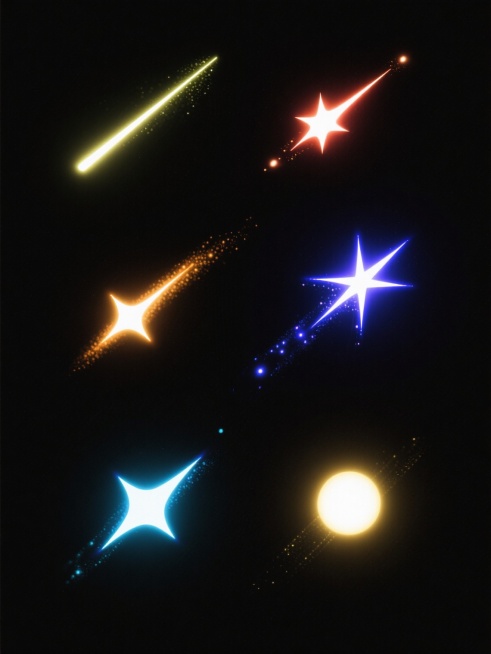 6个不同配色、不同样式的流星，在纯黑色背景上以整齐的排列方式呈现，每个流星都具有明亮的光芒和拖尾效果，整体画面简洁而富有视觉冲击力，色彩鲜明且对比强烈，流星的样式各具特色，有的呈细长条状，有的带有分叉的尾迹，有的则是圆润的光斑形态，共同构成一幅和谐而富有设计感的画面。预览效果
