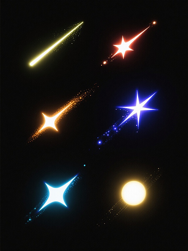 6个不同配色、不同样式的流星，在纯黑色背景上以整齐的排列方式呈现，每个流星都具有明亮的光芒和拖尾效果，整体画面简洁而富有视觉冲击力，色彩鲜明且对比强烈，流星的样式各具特色，有的呈细长条状，有的带有分叉的尾迹，有的则是圆润的光斑形态，共同构成一幅和谐而富有设计感的画面。