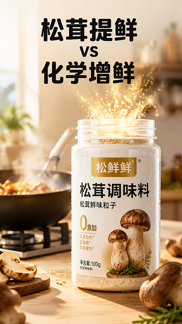 [第1屏] 电商详情页首图主图，松鲜鲜松茸调味料产品宣传海报。
[氛围/风格] 美食摄影风格，明亮温暖，极致细节，8K超高清画质。
[元素布局] 一瓶100g瓶装松鲜鲜松茸调味料居中偏右摆放，瓶身带有新鲜冷凝水珠，金色的松茸鲜味粒子光效从瓶口散出，保持瓶身标签文字、颜色、罐体结构与输入产品图一致。背景是虚化的家庭厨房灶台和正在烹饪的炒锅，自然光氛围。产品上方打出醒目对比文案，整体无边框满铺，产品占据画面约65%主体区域。
[光影质感] 左侧自然光作为主光源，在瓶身上形成柔和高光，背景灶台暖光烘托氛围，整体明暗层次自然，产品清晰真实。
[配色色系] 全局底色：#F7F3E9（暖米白）；主体配色：#FFFFFF（瓶身）+ #222222（标题字黑）+ #D4AF37（金色光效）；辅助色：#F0E6D6（灶台暖棕）。
[视角构图] 平视视角，景深虚化背景，主体产品突出。
[文字版式] 产品上方居中位置打出醒目标题“松茸提鲜 vs 化学增鲜”，黑色圆角加粗字体，主标题字号约占画面宽度10%，对比清晰。字形使用圆角黑体，字色仅黑色，纯色填充，保持风格统一。
[比例分辨率] 9:16竖版比例，宽度1080像素，高度1920像素，8K超高清，文字清晰可辨。
[负向提示词] 产品变形，瓶身文字错乱，水珠缺失，光效失真，背景杂乱，水印。
