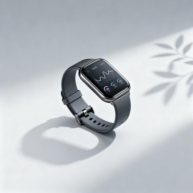 请帮我生成智能手环的产品概念图：
1、智能手环外观描述：
设计一款具有现代简约美学、高级质感的中性风格智能手环。手环主体采用一体成型哑光金属材质，边缘圆润细腻，颜色为深空灰或矿物白。屏幕为高清曲面AM预览效果