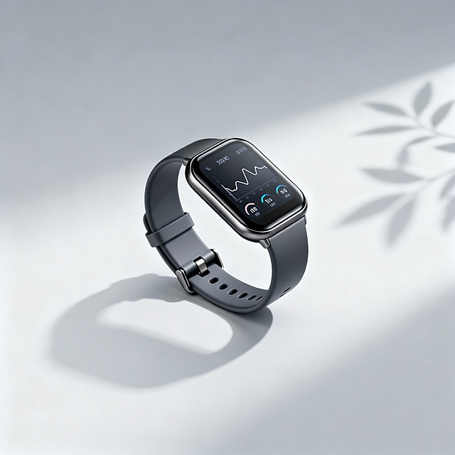 请帮我生成智能手环的产品概念图：
1、智能手环外观描述：
设计一款具有现代简约美学、高级质感的中性风格智能手环。手环主体采用一体成型哑光金属材质，边缘圆润细腻，颜色为深空灰或矿物白。屏幕为高清曲面AMOLED显示屏，表面覆盖2.5D弧形耐磨玻璃，无实体按键，采用全触控交互。表带为亲肤液态硅胶或轻质编织材质，颜色与主体协调，配有隐蔽式磁吸扣。手环背面集成多个微型健康传感器，排列整齐且不凸出，确保佩戴舒适。整体设计纤薄轻盈，宽度适中，体现科技与日常穿戴的融合感。
2、图片背景描述：
背景采用单色柔和渐变或极简抽象纹理（如浅灰至雾白渐变、细腻的磨砂质感），无任何干扰元素，营造宁静、专注且高级的氛围。光线为柔和均匀的侧光或顶光，突出手环的材质细节与轮廓，在背景上投下浅淡的自然阴影，增强立体感与真实感。画面构图以手环为主视觉中心，可呈45度角平放或微微倾斜，展示屏幕界面（显示简洁的心率图表、步数等健康数据可视化元素），另一侧可搭配极简的生活化元素（如一抹植物剪影或运动水壶轮廓），但保持高度抽象化，不喧宾夺主。
3、整体画面要求：
画面简洁、干净，强调产品的材质、形态与功能暗示，风格接近科技产品摄影与极简主义结合的视觉语言，避免文字、标识或多余物件。色调以中性色为主，突出产品的专业感与日常适用性。