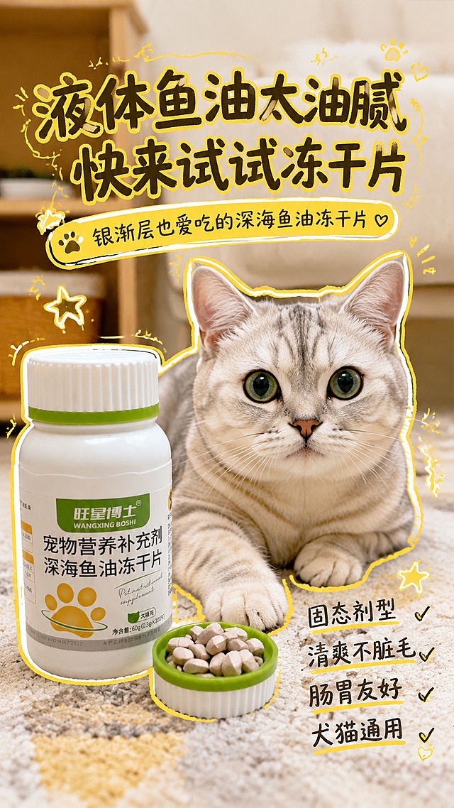 「图片1」                      属于产品图片，参考         「图片1」                         这种图片，编写产品痛点：传统液体鱼油油腻腥重，容易弄脏宠物毛发、食碗，喂食后猫狗容易软便、反胃拒吃
 卖点：深海鱼油做成冻干压片固态剂型，冻鸡肉基底掩盖鱼腥味，清爽不油腻，肠胃更友好，喂食干净不脏毛
使用场景：日常居家每日投喂，直接喂食或拌入干粮，适合肠胃敏感、排斥液态鱼油的猫咪和狗狗
，制作10张适合小红书的封面图片，还要和不同猫狗独影作为合影。尺寸：9:16