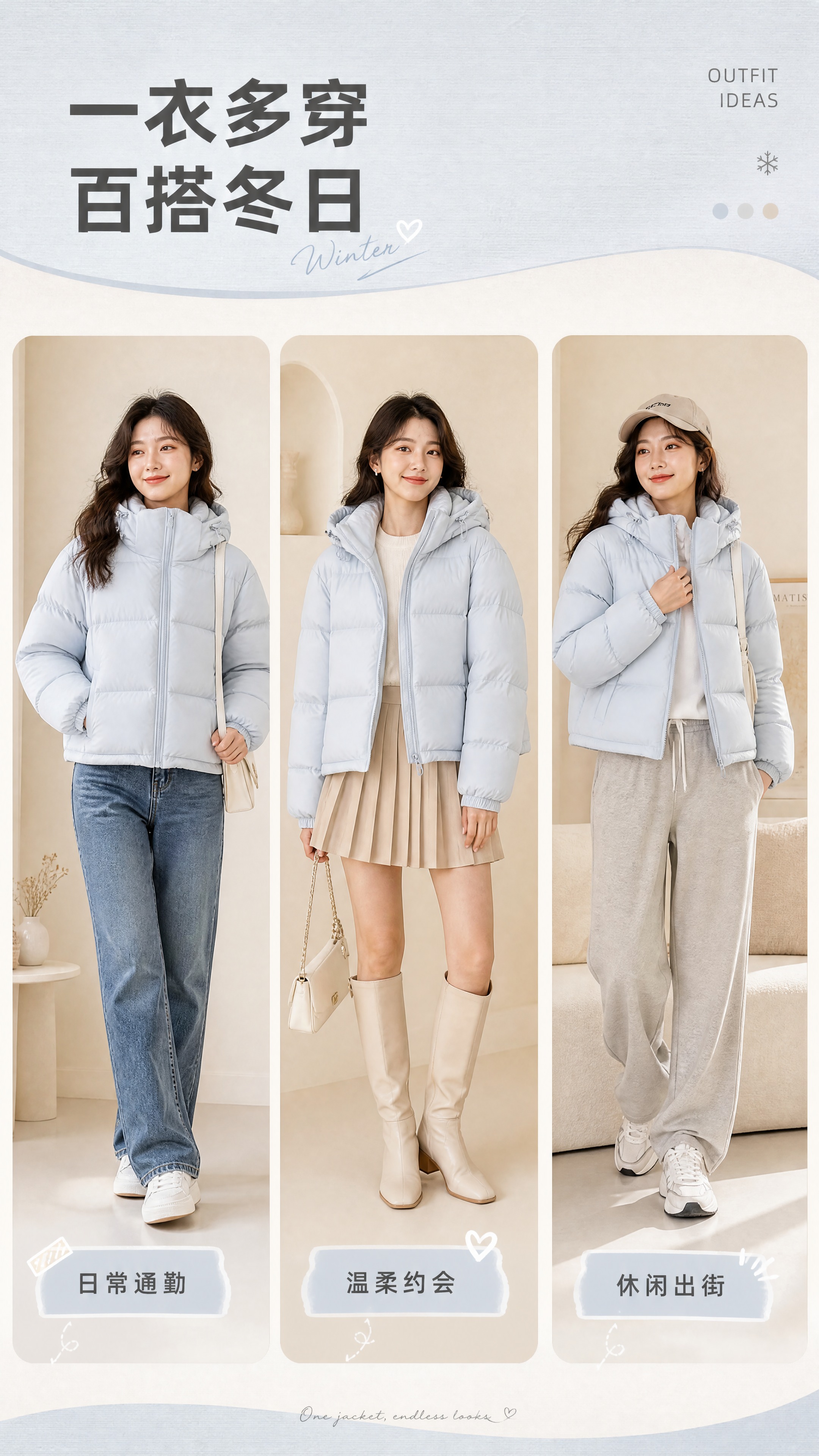 [商品] 使用【图1】奶雾蓝短款连帽泡芙羽绒服；商品处理：保留… - 图片创意预览