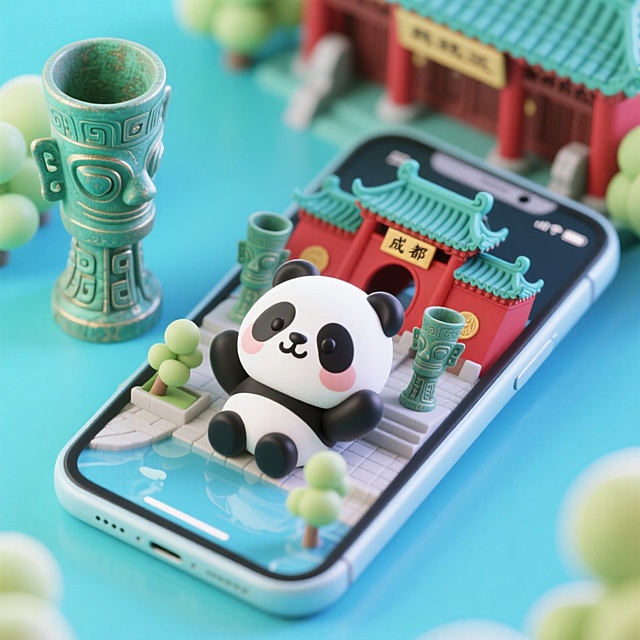 软3D风微缩艺术，可爱熊猫坐于手机屏幕上的成都牌坊前，融合中式建筑与青铜器元素，清新梦幻，充满民族感与卡通趣味。