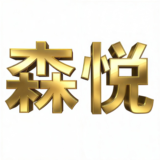 将图1森悦艺术字设为字型华康細黑体,设计文字金色3D金属质感表现,如范例图２金属质感表现，,插画风格,极具金属光泽质感，白色背景。高清预览效果