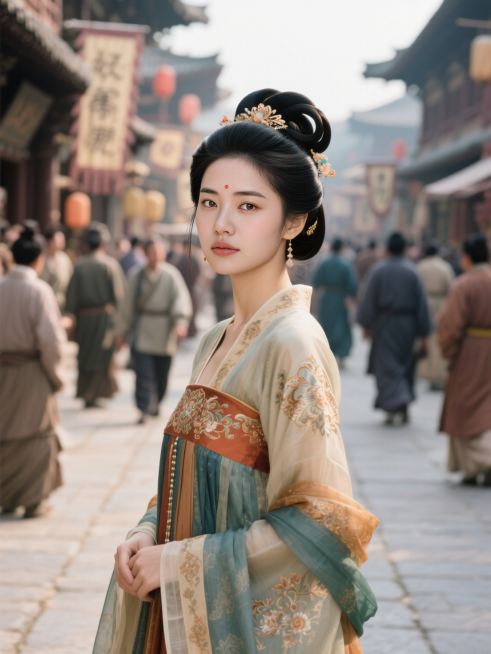 女生，穿上唐代服饰，贵女打扮，站在唐代繁华的街上，身后是来来往往的唐代百姓，景深效果预览效果