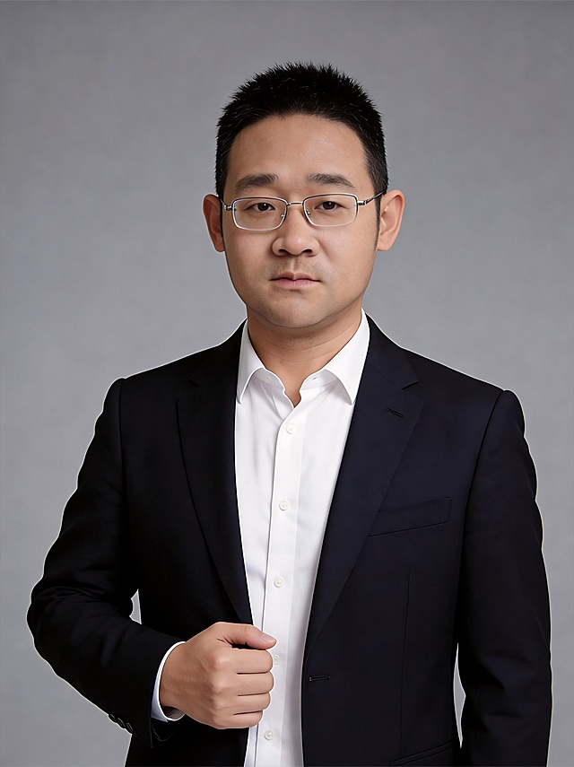 调整这张男士形象照，让双眼目光更加坚定有神，保持人物脸型、发型、服装、背景所有其他元素不变，依然是深黑色西装白色衬衫灰色纯色背景，保留专业质感，调整后眼睛更加明亮有神，整体画质依然保持4K高清清晰细节