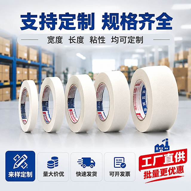 [主图-4] 支持定制 多规格可选 工厂实力展示 促进批量采购
[统一基调] 1688 B端源头工厂风 简洁专业工业感 背景主色浅灰渐变 标题字色深蓝色 辅助字色深灰色 强调色红色 字体为粗黑无衬线体 字号层级分明 卡片用细边框浅灰底 整体干净利落有工厂批发感
[画面] 画面中央展示多卷不同宽度的美纹纸胶带 从窄到宽整齐排列 展示多规格可选 背景为工厂车间或仓库的虚化背景 有货架和纸箱的模糊轮廓 强化工厂实力感 左下角放一个定制服务图标 右下角放批量发货的纸箱图标 产品外观与输入图一致 白色纸质胶带
[光影质感] 商业摄影质感 多卷胶带排列整齐 每卷都有自然光影 胶带纹理清晰 背景虚化突出主体产品 整体光线明亮专业
[配色] 主背景浅灰渐变加工厂虚化背景 标题深蓝色 强调文字红色 产品白色 图标蓝色 整体色调统一有工业感
[文字版式] 顶部大标题 支持定制 规格齐全 粗黑深蓝色字体 下方副标题 宽度 长度 粘性均可定制 画面底部横排4个小图标加文字 来样定制 量大价优 快速发货 可开发票 右下角红色强调文字 工厂直供 批量更优惠 文字清晰不遮挡产品
[输出要求] 1:1正方形 文字清晰可读 产品清晰不变形 无错字 无杂乱元素 无水印 无平台Logo 禁止出现极限词
