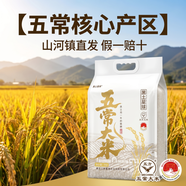 [主图 2] 核心亮点与产地溯源，五常大米产地直供展示。
[氛围风格] 真实稻田产地氛围，自然新鲜，信任背书；
[画质] 商业摄影质感、光线柔和通透、产品清晰真实、画面干净高级。
[元素] 产品包装袋预览效果