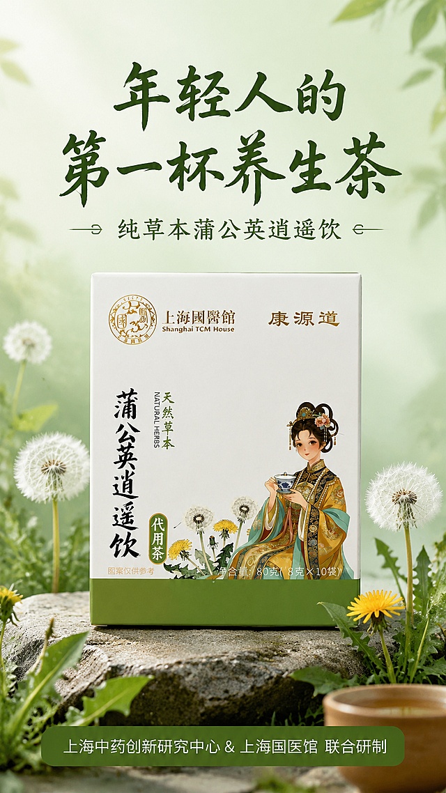 「图片1」，生成一套详情页，商品名称为蒲公英逍遥饮，适配抖音/快手平台，单图比例为9:16，需求屏数为8张。产品卖点如下：1.上海中药创新研究中心&上海国医馆 联合研制
2.纯药食同源食材蒲公英逍遥饮
3.年轻人的第一杯养生茶
4.蒲公英逍遥饮草术您的贴身调节专家
5.严谨配比方便食用替代甜饮更健康
6.口感醇厚料足耐泡真材实料不用边角料，所见即所得