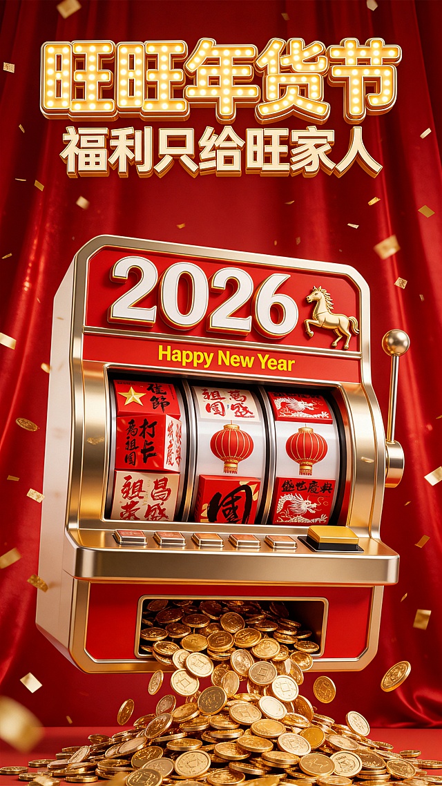 3D重拟物风老虎机，国潮鎏金元素，金属质感十足，喜庆红金配色，2026年货节主题，金币倾泻，节日氛围浓厚。