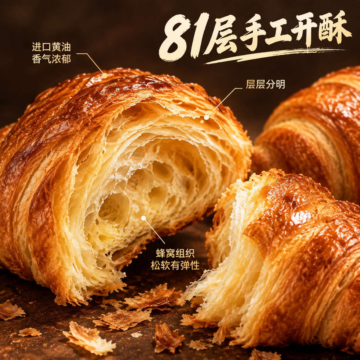 [主图-3] 产品细节图，微距特写展示可颂牛角包的酥皮层次与内… - 图片创意预览