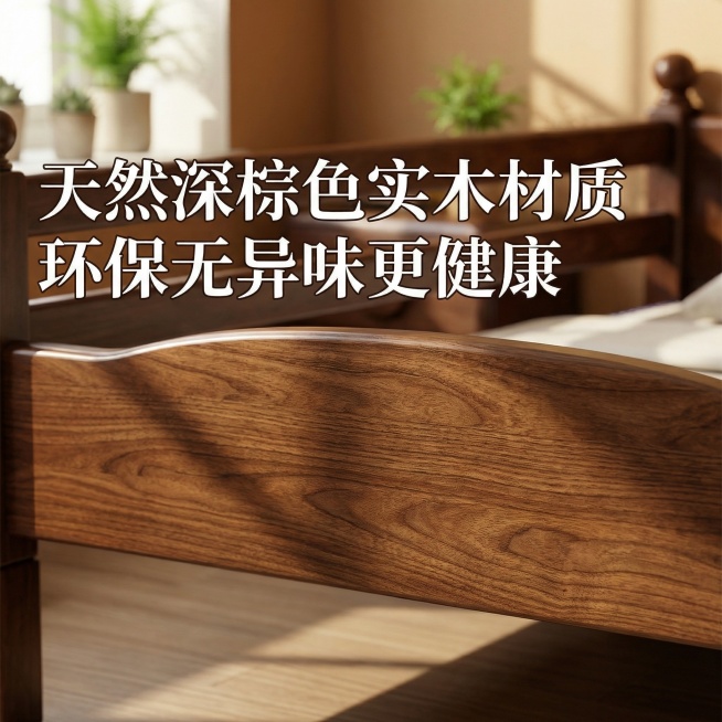 淘宝电商卖点图，卖点文案"天然深棕色实木材质 环保无异味更健康"，特写展示实木床的木材纹理，突出天然实木材质质感，温暖治愈自然光线，电商详情页卖点展示图预览效果