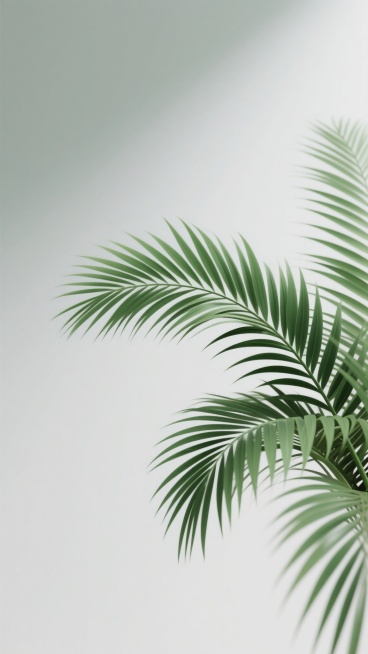 高仿真3D渲染的绿色棕榈叶植物，叶片呈现自然舒展的形态，叶尖细长，叶脉清晰可见，具有平滑的数字艺术质感和渐变光影效果，整体色调为清新的深绿至嫩绿过渡，植物主体位于画面右侧及右下角，画面70%为纯净的白色留白背景，营造出简约、通透、自然的氛围，构图遵循留白为主、主体点缀的极简风格，视觉层级清晰，信息传达简洁高效。预览效果
