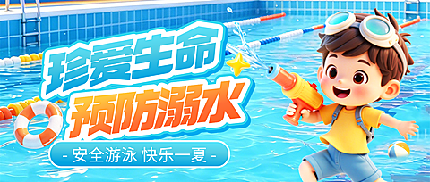 3d蓝色卡通珍爱生命预防溺水公益宣传微信公众号封面