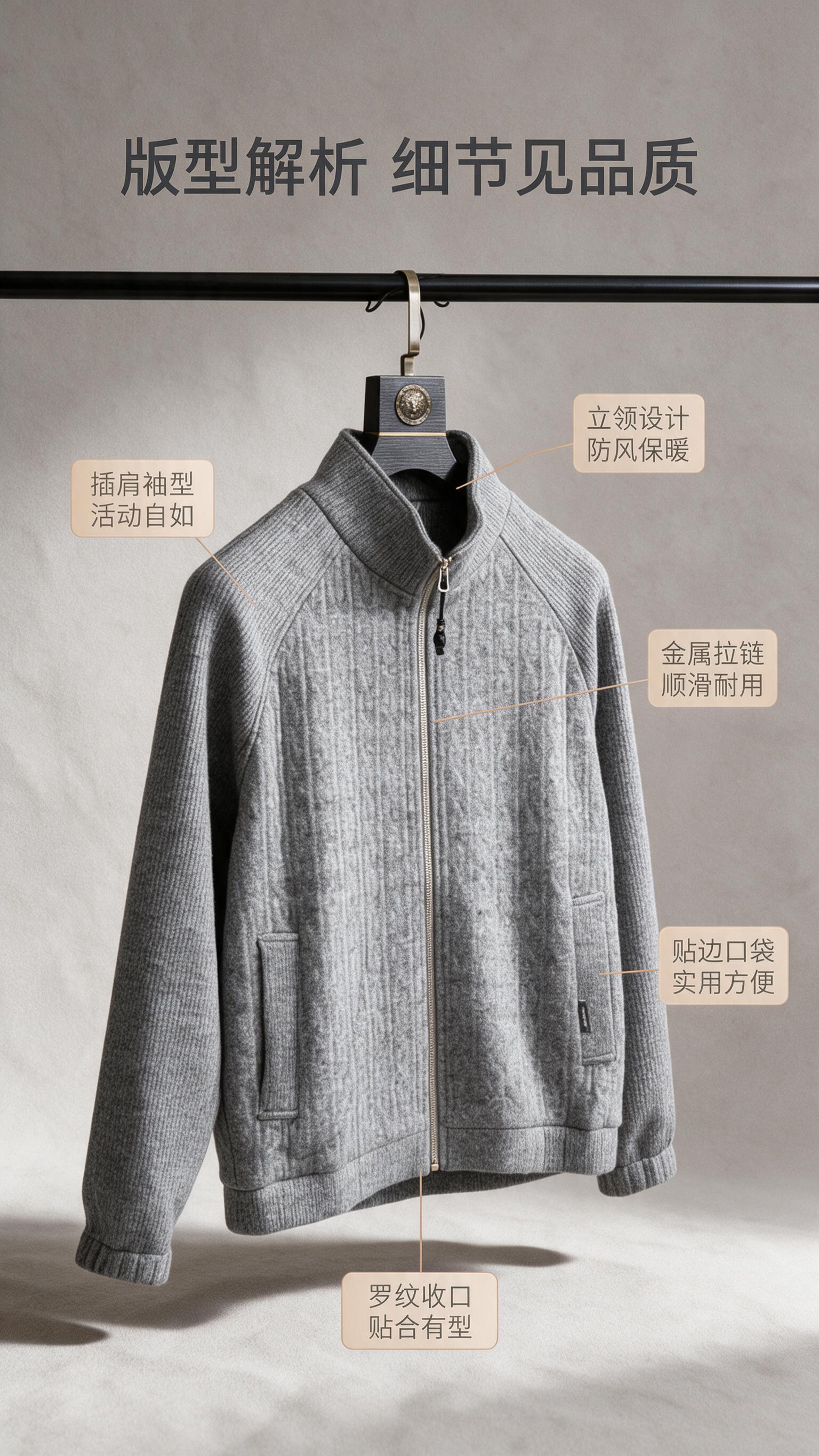 [商品] 使用【图1】男士灰色立领针织拉链开衫；商品处理：保留… - 图片创意预览