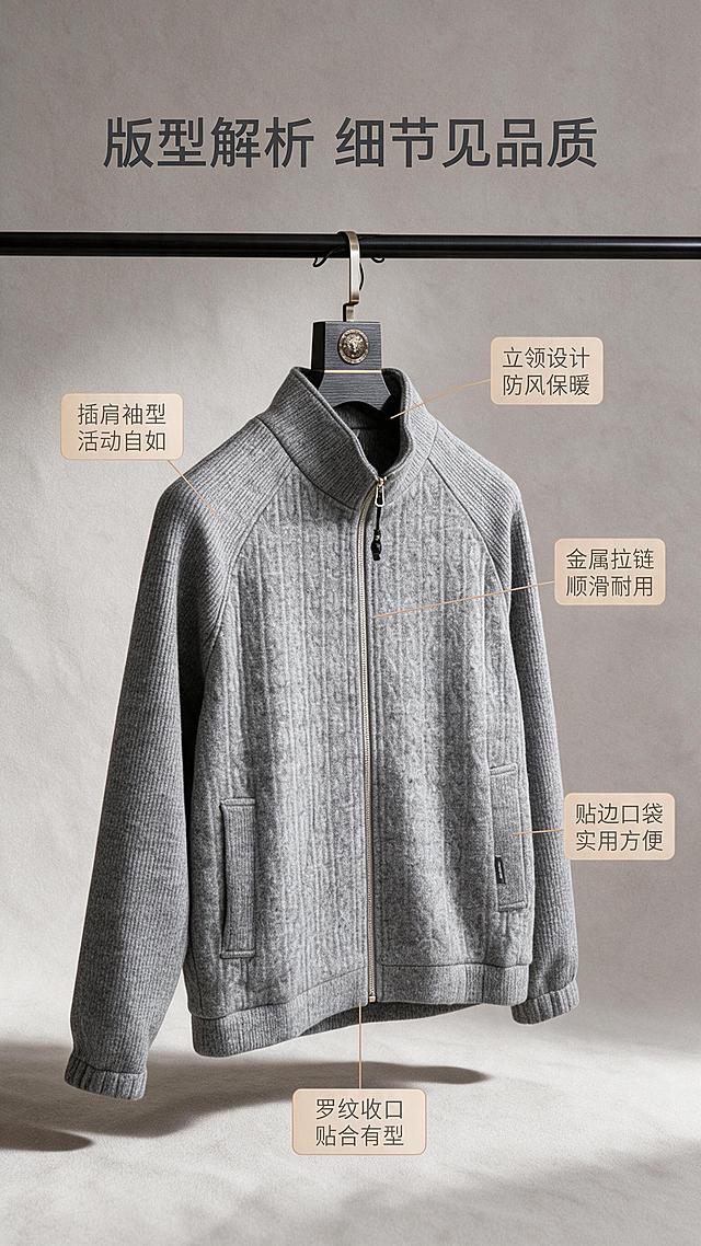 [商品] 使用【图1】男士灰色立领针织拉链开衫；商品处理：保留立领、金属拉链、插肩袖、口袋、罗纹下摆、罗纹袖口、灰色针织肌理和整体版型；自然去除衣身杂乱褶皱，理顺垂坠，增强针织纹理、缝线、拉链五金质感，不改变版型和结构。
[画面] 目标：版型解析页，展示结构设计与穿搭优势。构图：产品正面居中展示，从立领、拉链、插肩袖、口袋、罗纹下摆五个部位引出细线标注。景别：中全景。前中后景：前景柔和投影，中景产品主体+引线标注，后景浅暖灰渐变背景+细腻纹理。整体氛围：专业解析，清晰明了。
[视觉] 套系策略：风格=高级商业摄影质感；标题字=现代无衬线粗体；正文字=简洁无衬线体；主色=高级灰；背景延展=基于暖灰色做深浅层级、同色渐变和细腻织物/哑光墙面质感；强调色=暖驼色，仅用于小面积图标、引线和标签；标题色=深炭灰；正文色=中暖灰；组件=圆角浅底信息卡、细线引线；光影=左前侧暖柔光，柔和阴影。
[文字] 顶部主标题「版型解析 细节见品质」，下方5个引线标注卖点：「立领设计 防风保暖」「金属拉链 顺滑耐用」「插肩袖型 活动自如」「贴边口袋 实用方便」「罗纹收口 贴合有型」。文字横向排版，引线清晰，不遮挡产品关键部位。
[规格] 图片比例9:16竖版，分辨率2K，避免变形、错字、文字过小、冷蓝背景、衣服颜色改变、版型失真、白底孤立。