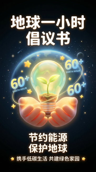纯黑渐变背景的地球一小时竖版倡议书海报，温馨3D风，居中构图。卡通手掌托举内部有幼苗造型的发光灯泡，点缀黄色星星与半透明 "60+" 数字。文字部分：顶部白色粗体字 "地球一小时 倡议书"，底部白色祈预览效果