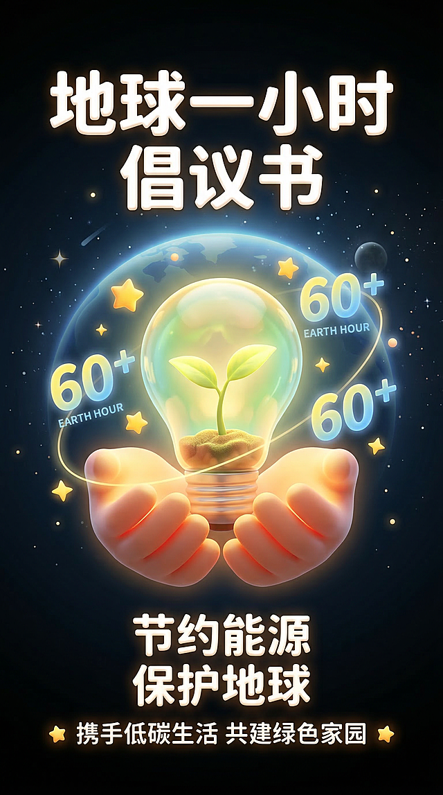 纯黑渐变背景的地球一小时竖版倡议书海报，温馨3D风，居中构图。卡通手掌托举内部有幼苗造型的发光灯泡，点缀黄色星星与半透明 "60+" 数字。文字部分：顶部白色粗体字 "地球一小时 倡议书"，底部白色祈福文字与 "节约能源 保护地球"。