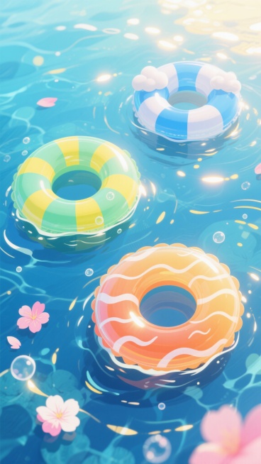 俯视视角，夏日午后阳光穿透清澈海水的卡通插画，三个半透明游泳圈在波光粼粼的海面上随波轻摆——左上角是带着柠檬黄条纹的薄荷绿游泳圈，右上角是缀着云朵白条纹的天蓝色游泳圈，右下角是装饰着浪花白条纹的蜜橙色游泳圈，每个圈边缘都有渐变虚化的光晕效果，水面漂浮着几片粉白相间的花瓣和晶莹气泡，背景从海面的亮蓝渐变为海底的靛蓝，阳光透过水面形成金色光斑在游泳圈上跳跃，整体画面洋溢着冰镇汽水般的清爽夏日气息。预览效果