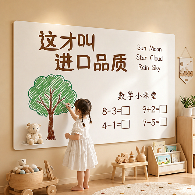 [主图-1] 儿童家用无边框软木白板墙面贴首图，真实使用场景展示；
[氛围风格] 整体温馨原木风儿童房场景，ins治愈母婴风，氛围感温馨居家；
[画质] 8K超高清商业产品摄影，产品主体清晰突出，质感细腻，PVC哑光材质真实纹理，细节丰富，锐化清晰，电商主图质感，画面干净通透；
[元素] 儿童家用无边框软木白板居中展示，白色哑光板面，无缝贴合浅米色乳胶漆墙面；画面中央大号立体卡通文字「这才叫进口品质」；白板左侧手绘绿色大树，小女孩扎双麻花辫、穿白色连衣裙，手持白色白板笔正在大树上涂鸦；左下角白板置物槽放米白色小羊玩偶；白板右侧区域：竖排英文单词 Sun Moon Star Cloud Rain Sky，下方标题「数学小课堂」，4 道小学数学算术题：8-3=□、9+2=□、4-1=□、7-5=□；画面下方原木小矮桌摆放木质小车、兔子玩偶，右侧原木绘本收纳架放儿童绘本，角落白色花盆绿植，墙面悬挂布艺几何挂饰；商品主体占比约70%；保持软木白板外观、材质、颜色与描述一致，杜绝变形和色差，精细化处理；
[光影] 柔和暖调自然光，漫反射柔光无硬阴影，光线均匀通透，整体光影柔和不突兀，突出材质哑光质感；
[配色] 色彩柔和低饱和，主色调浅米暖棕，搭配低饱和绿色和白色；
[视角构图] 平视取景，景深适中，主体突出，4:3横版构图；
[文字版式] 文字清晰可辨，主标题「这才叫进口品质」最大最粗，辅助文字依次缩小，排版层次分明，不遮挡产品主体；
[比例分辨率] 1:1比例，2048x2048像素，4K分辨率，文字清晰锐利；
[负向提示词] 变形，文字错乱，产品图模糊，背景杂乱，水印，电商平台Logo，硬阴影，高饱和色彩