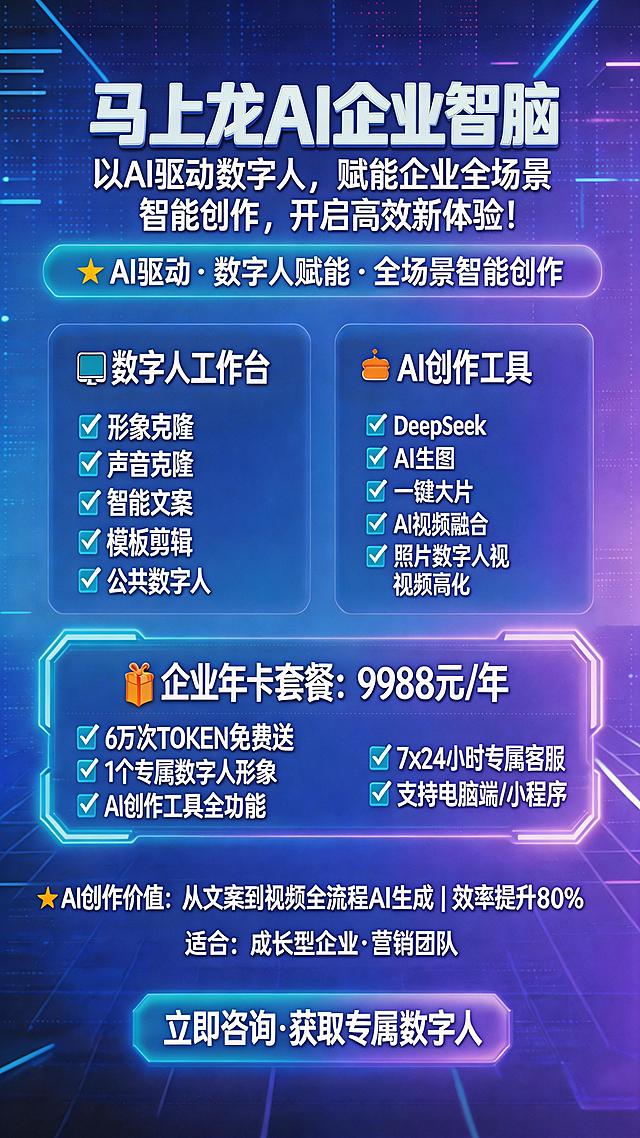 修改海报：1. 将文字"以AI驱动数字人，赋能企业全场景智能创作，开启高效新体验！"再调小2个字号，优化排版；2. 去掉"AI生图（香蕉模型）"中的括号和括号内容，仅保留"AI生图"；保持9:16比例、蓝紫色科技风格和其余所有内容不变。