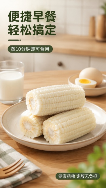 [第4屏] 场景种草屏-白糯玉米早餐食用场景展示。本屏使用【图1】作为商品主体。
[氛围/风格] 居家温馨风，日常早餐真实场景，生活感强。
[元素布局] 白糯玉米切段放置在浅色陶瓷餐盘上，占比约60%预览效果
