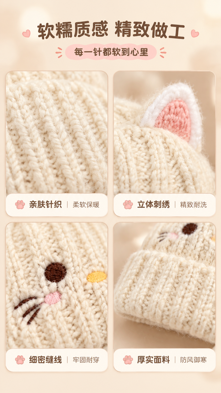 [商品] 使用【图4】米白色猫咪耳朵针织帽正面特写；保留刺绣五… - 图片创意预览