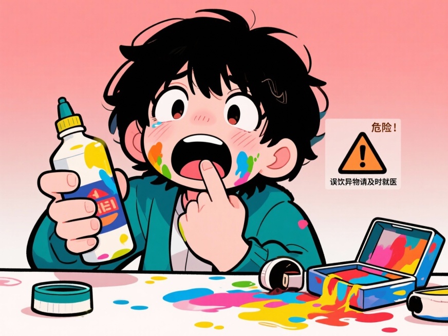 搞笑漫画风格，内容为“误把颜料水当饮料喝了，想要抠喉咙吐出来“预览效果