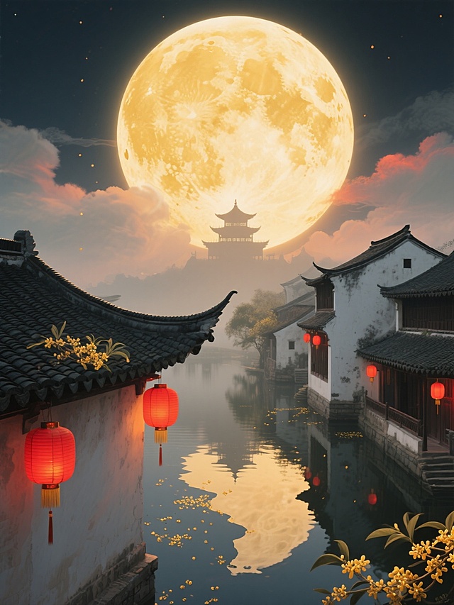 俯瞰视角，一轮占据画面三分之二的巨大满月悬浮在水墨风格的江南古镇上空，米黄色月盘上分布着如同玉兔轮廓的暗黄色月海纹理，环形山阴影化作广寒宫的剪影，月晕呈现出渐变的橙红色调，如同被点燃的桂花香气在夜空晕染开来。月光透过半透明的云层，在青瓦白墙的飞檐上洒下斑驳的光影，几盏红色灯笼从屋顶垂下，灯穗在微风中轻轻摇曳，水面倒映着残缺的月影和零落的桂花，空气中漂浮着细小的金色桂花微粒，整体氛围静谧而温馨，充满了团圆的期待感。
