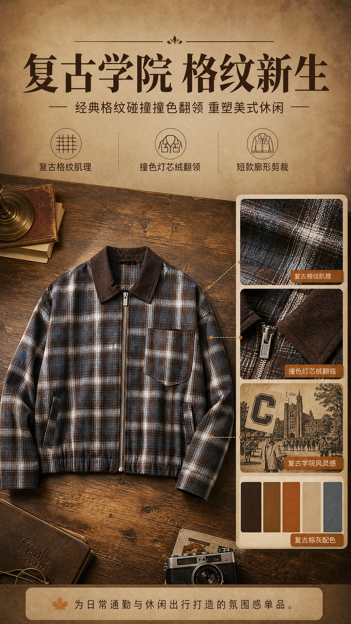 [商品] 使用【图1】棕灰格纹翻领拉链夹克；商品处理：保留翻领… - 图片创意预览