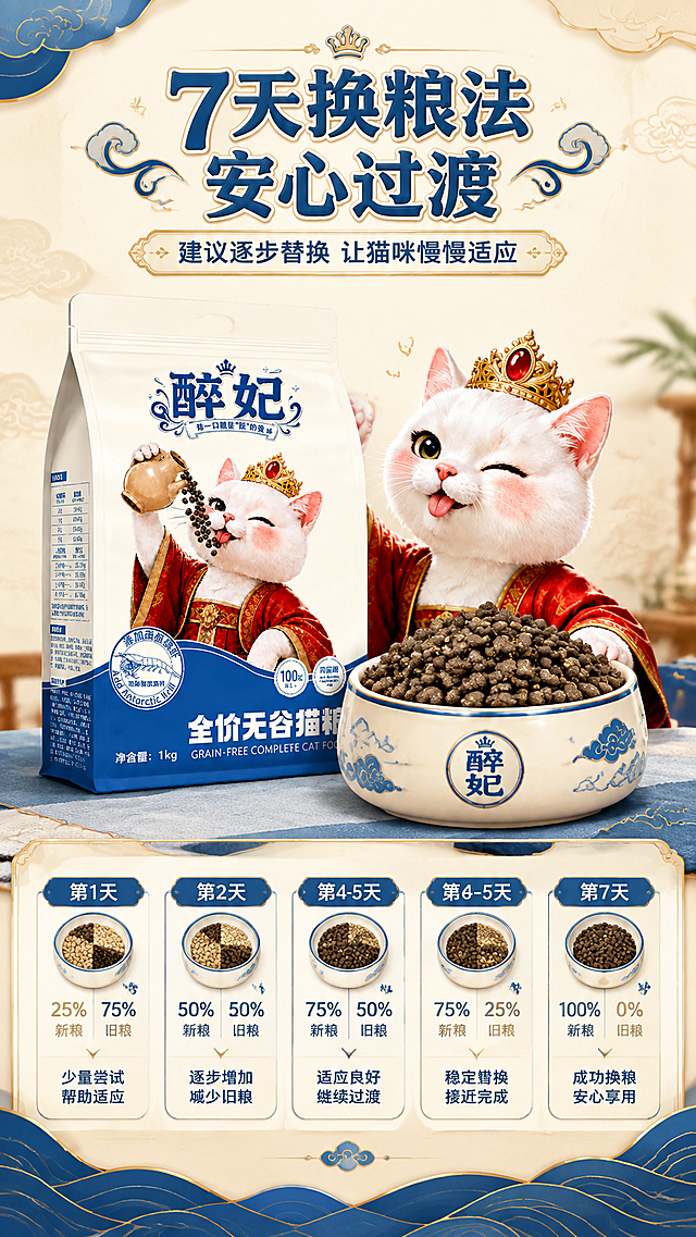 [商品] 使用【图1】醉妃猫粮包装袋置于左侧；保留包装外观与品牌标识，包装清晰完整。使用【图2】猫粮颗粒质感，在右侧猫碗中呈现。
[画面] 目标：饲喂建议页，7天换粮法过渡指引。构图：信息图解型，左侧产品包装 + 猫碗，右侧为7天换粮法阶梯示意——7格横向进度条/阶梯卡片，分别标注第1-3天、第4-5天、第6-7天等阶段比例示意；背景米白渐变 + 淡云纹，图标简洁线条风。
[视觉] 套系策略：风格=国潮宫廷萌系商业摄影，温馨食欲感；标题字=国潮宋体加粗，带轻微描边；正文字=圆润无衬线体；主色=藏青蓝 + 米白；背景延展=基于米白与藏青蓝做深浅层级、同色渐变、祥云/水纹暗纹质感；强调色=金色，仅用于小面积图标、引线、装饰纹样和标签描边；标题色=藏青蓝；正文色=深炭灰；组件=圆角白底信息卡、金色细线引线、云纹装饰条；光影=左前侧暖柔光，产品底部自然投影。
[文字] 顶部主标题「7天换粮法 安心过渡」，副标题「建议逐步替换 让猫咪慢慢适应」；下方阶梯式7天换粮图解配简短阶段说明，文字均横排，清晰易读。
[规格] 图片比例9:16竖版，分辨率4K，quality=medium。负向提示：避免功效类表述、健康字眼、治疗承诺、绝对化用语、平台名称、杜撰饲喂数据、医疗化表达、竖排文字。