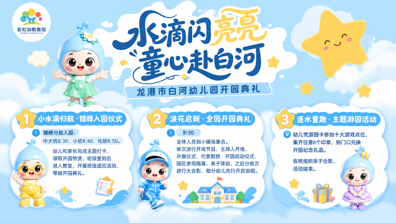 幼儿园开园典礼流程主图海报，延续图1的浅蓝色天空白云卡通风格，… - 图片创意预览