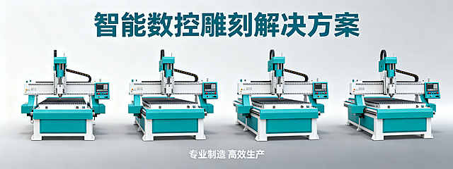 设计一张工业设备banner，展示四台数控雕刻机床，主题色使用和机器相同的孔雀蓝和白色，风格简约专业，适合企业宣传，画面干净大气，突出工业科技感
