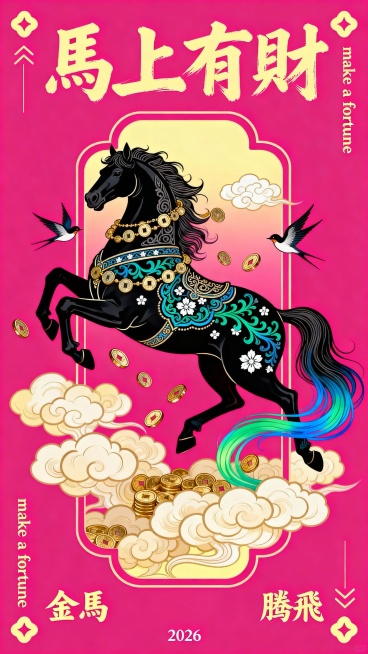 纯扁平风，国潮风描边插画，极繁，丰富细节的国潮插画，扁平插画。高饱和度玫红色纯色背景。主体是一匹腾跃在空中的黑色骏马，采用繁复华丽的装饰性线条勾勒轮廓，马身飘逸着几串钱币，有许多小钱币环绕马身，有蓝绿预览效果