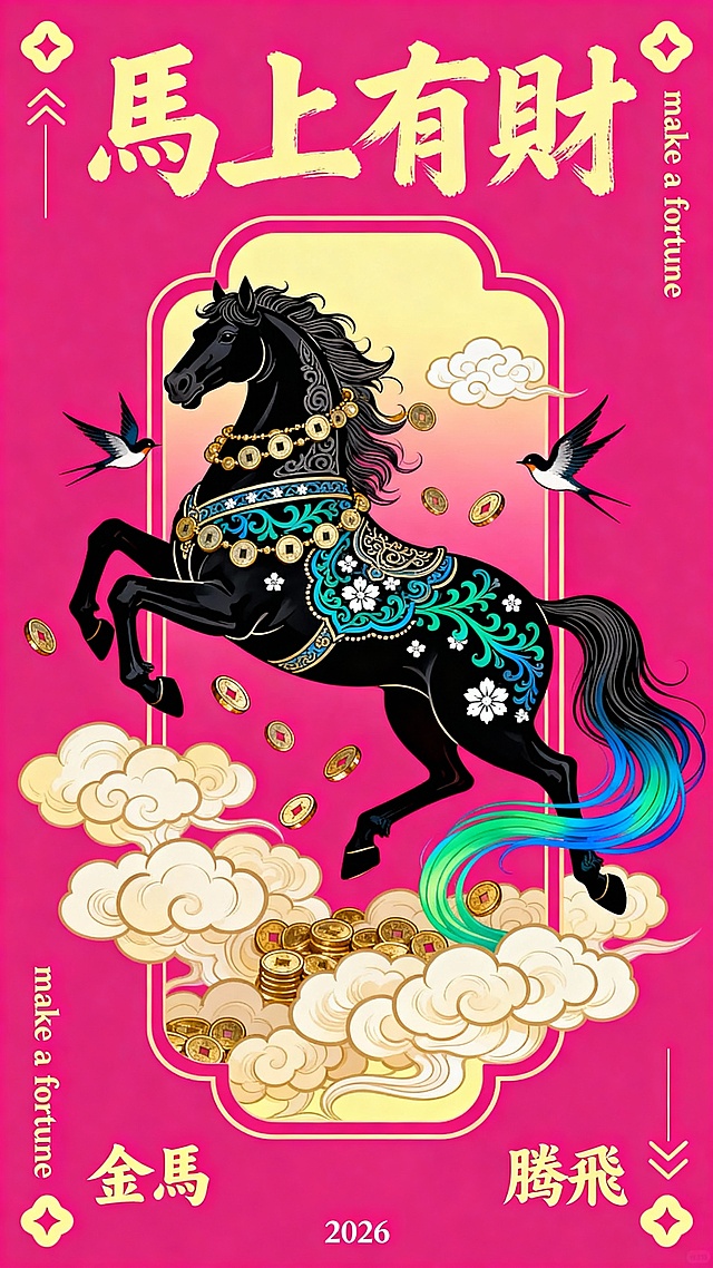 纯扁平风，国潮风描边插画，极繁，丰富细节的国潮插画，扁平插画。高饱和度玫红色纯色背景。主体是一匹腾跃在空中的黑色骏马，采用繁复华丽的装饰性线条勾勒轮廓，马身飘逸着几串钱币，有许多小钱币环绕马身，有蓝绿色缠枝花纹、白色小花纹样，马尾与腿部延伸出蓝绿渐变的飘逸飘带，整体充满动感，马周围有两只飞翔的燕子，马背后有国风形状的长方形框景（高饱和玫红色渐变浅黄色，框里是祥云，向外飞散的钱币），许多密实的祥云团环绕马腿。
文字排版：
顶部：浅黄色手写书法字体 “馬上有財”，笔触有力
左下角：浅黄色小字 “金馬”
右下角：浅黄色小字“騰飛”
底部中央极小：白色数字 “2026”
右上侧边缘：竖排浅黄色小字英文 “make a fortune”，
左下侧边缘：竖排浅黄色小字英文 “make a fortune”。
画面边上点缀浅黄色对称的国风图形、线条，整体色彩对比强烈，以黑、金、玫红、蓝绿为主，营造热烈富贵、充满国风韵味的视觉效果，适合作为马年春节招财装饰画。