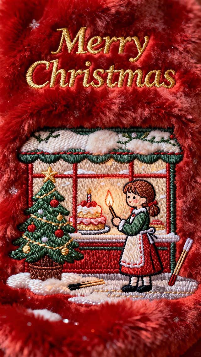 刺绣风圣诞场景，融合工笔细腻与重拟物质感，卡通女孩点燃蛋糕烛火，温馨喜庆，欧洲宫廷艺术韵味浓厚。