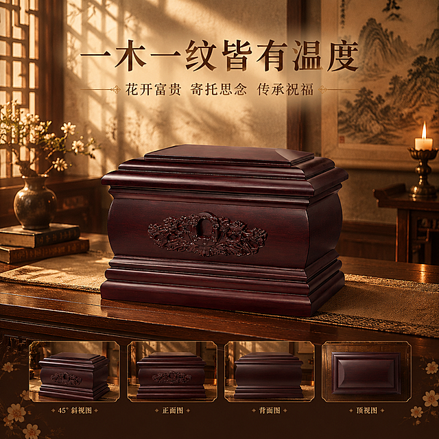 [主图-8] 整体质感与氛围展示，呈现产品全貌与庄重氛围。
[统一基调] 中式传统风格，暖棕色调为主，深木色背景搭配暖金色光影，庄重大气。字体采用宋体/衬线体，标题深棕色，辅助文字浅棕色，强调色用暗金色。整体氛围肃穆温暖。
[画面] 主画面为产品45°完整展示，背景是中式禅意空间，有花窗、烛台、山水画等元素，营造庄重典雅的纪念氛围。产品占画面约50%，居中放置。画面角落点缀小尺寸的其他角度缩略图，形成多角度展示效果。
[光影质感] 暖调自然光从花窗洒入，光影柔和有层次，产品表面光泽温润，整体氛围宁静庄重，传递对生命的敬意与思念之情。
[配色] 整体暖棕色调，木材红棕色，背景暖米色+深棕色层次，文字深棕色。
[文字版式] 底部或上方横排主标题"一木一纹皆有温度"，下方小字"花开富贵 寄托思念 传承祝福"。文字简洁有温度，排版居中对称。
[输出要求] 800×800像素正方形，产品完整清晰不变形不变色，氛围庄重大气，文字清晰。负向：变形、色差、氛围轻浮、现代元素杂乱、水印。