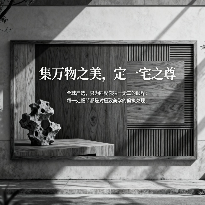 我要设计一块广告牌，大概尺寸高2.9米，宽5.3米，长方形从事全屋定制行业，品牌：集物高定，中高端定位。版面设计要求有艺术/高级感，以黑白灰色为主体色。主体广告语:集万物之美，定一宅之尊，辅助语:全球预览效果