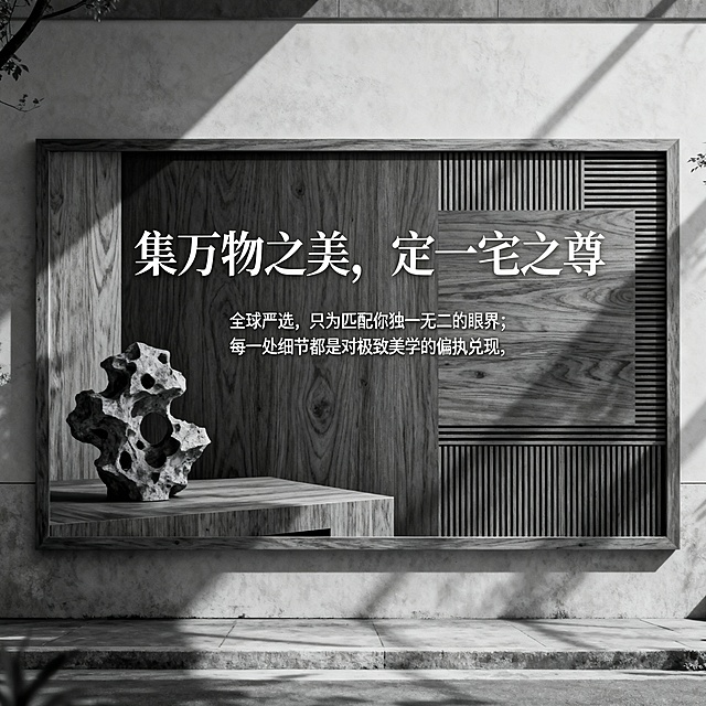 我要设计一块广告牌，大概尺寸高2.9米，宽5.3米，长方形从事全屋定制行业，品牌：集物高定，中高端定位。版面设计要求有艺术/高级感，以黑白灰色为主体色。主体广告语:集万物之美，定一宅之尊，辅助语:全球严选，只为匹配你独一无二的眼界；每一处细节都是对极致美学的偏执兑现。木制和艺术感相结合