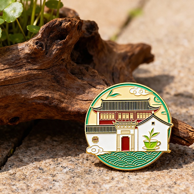 松江古村文创，纪念徽章,国潮风，关键词：古民居、茶纹图腾