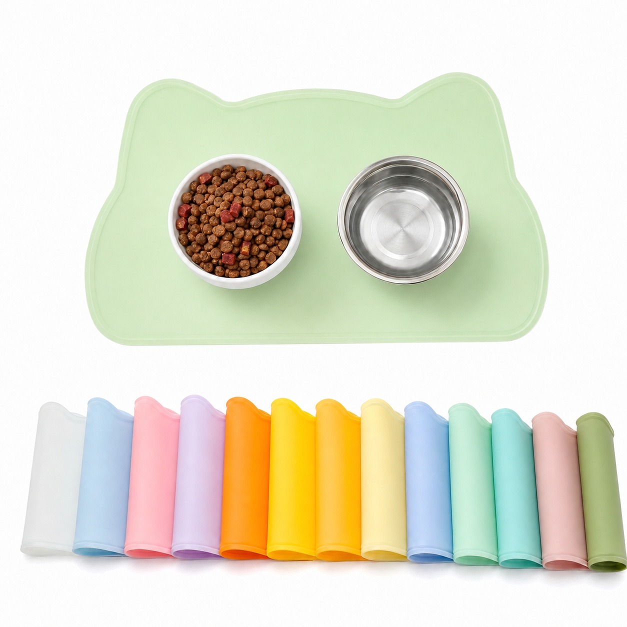 将图片上方的猫耳形状硅胶垫颜色精确修改为参考图中的浅薄荷绿色（… - 图片创意预览