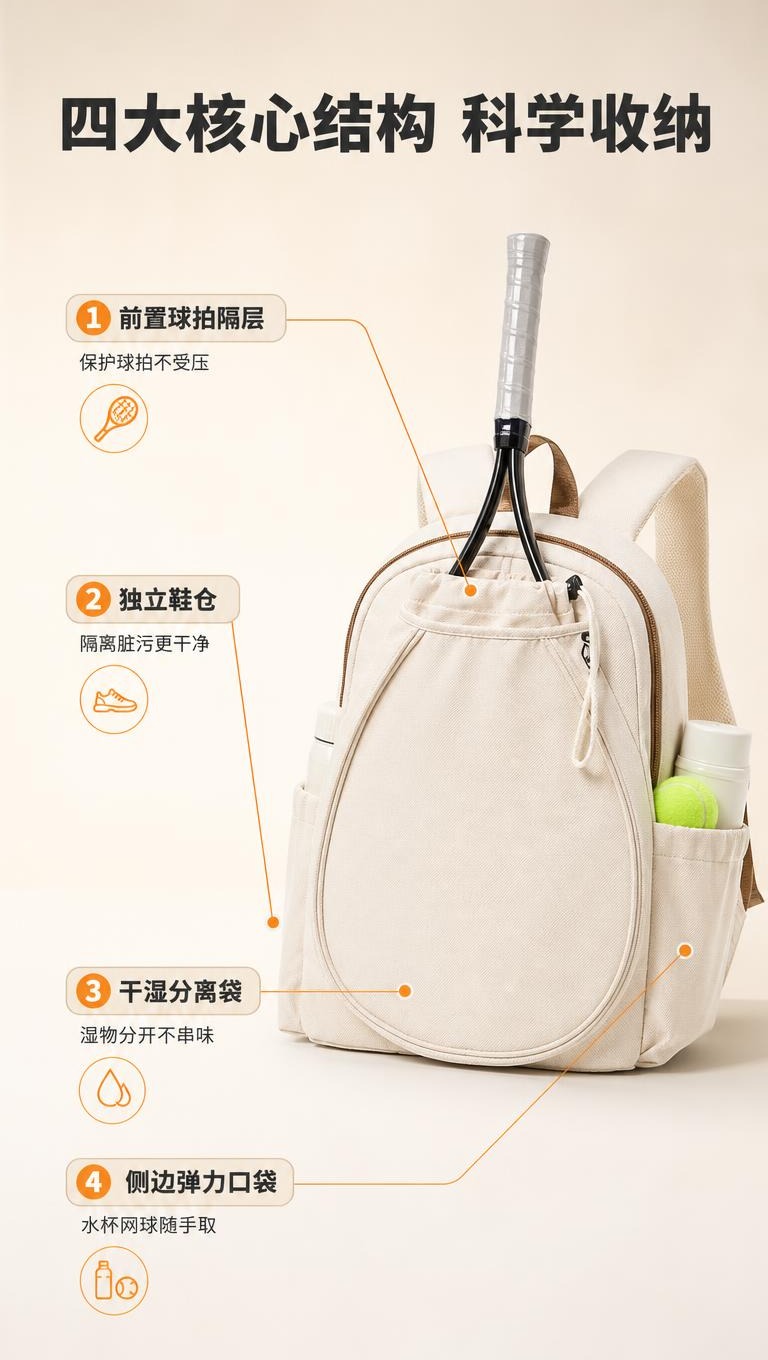 [商品] 使用【图1】米白色羽毛球双肩包；保留整体结构、球拍前… - 图片创意预览