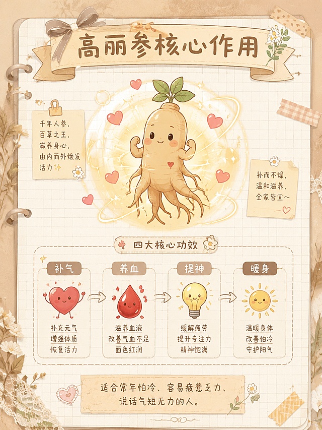 参考图为治愈系手账拼贴风格，竖版3:4构图，顶部有艺术手写体标题放在丝带装饰框内，下方用带圆角的浅色矩形色块和虚线框分层，有Q版卡通形象、手绘箭头、小图标，纸张纹理、温暖柔和光影、大量留白。请沿用该手账风格，生成第二张「高丽参核心作用」主题的竖版3:4养生科普海报。画面顶部标题区：艺术手写体标题「高丽参核心作用」置于精美丝带装饰框内。画面中心视觉焦点：一个Q版可爱卡通高丽参小人形象，周围环绕发光的能量气泡和爱心，表现补气养血的隐喻。下方用带圆角的浅色矩形色块和虚线框分层排版：补气、养血、提神、暖身四大功效，每个功效配一个Q版小图标（如心脏、血液滴、闪电灯泡、小太阳），用手绘箭头连接。底部小字说明：适合常年怕冷、容易疲惫乏力、说话气短无力的人。整体风格：治愈系手账拼贴风，网格纸张纹理，胶带贴纸元素，温暖柔和光影，大量留白，排版整洁，高画质超清分辨率，暖棕米色调。