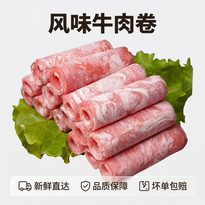 [主图 5] 品质承诺转化图，打消购物顾虑
[氛围/风格] 简洁干净专业，信任感强
[画面元素] 保留原有牛肉卷主体堆叠造型，整体位置下移，保持牛肉纹理清晰可见，背景干净简约突出产品
[配色色系] 浅预览效果