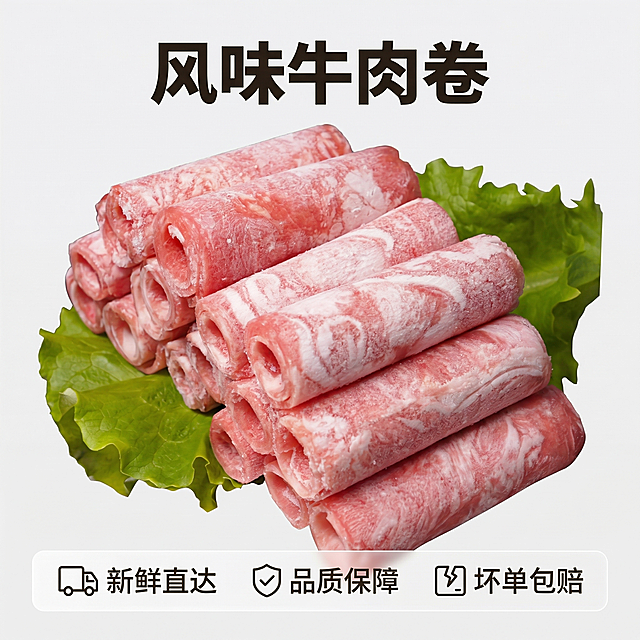 [主图 5] 品质承诺转化图，打消购物顾虑
[氛围/风格] 简洁干净专业，信任感强
[画面元素] 保留原有牛肉卷主体堆叠造型，整体位置下移，保持牛肉纹理清晰可见，背景干净简约突出产品
[配色色系] 浅灰色简约背景，保留牛肉和生菜自然原色
[视角构图] 主体居中偏上，底部预留服务信息区域，构图平衡
[文字版式] 顶部产品名 "风味牛肉卷"，主标题加粗醒目；底部半透明白色悬浮条，横向排列服务承诺："新鲜直达" "品质保障"  "坏单包赔"，图标+文字组合，深色清晰文字，排版整齐不遮挡主体，符合电商规范
[比例分辨率] 1:1比例，2k分辨率