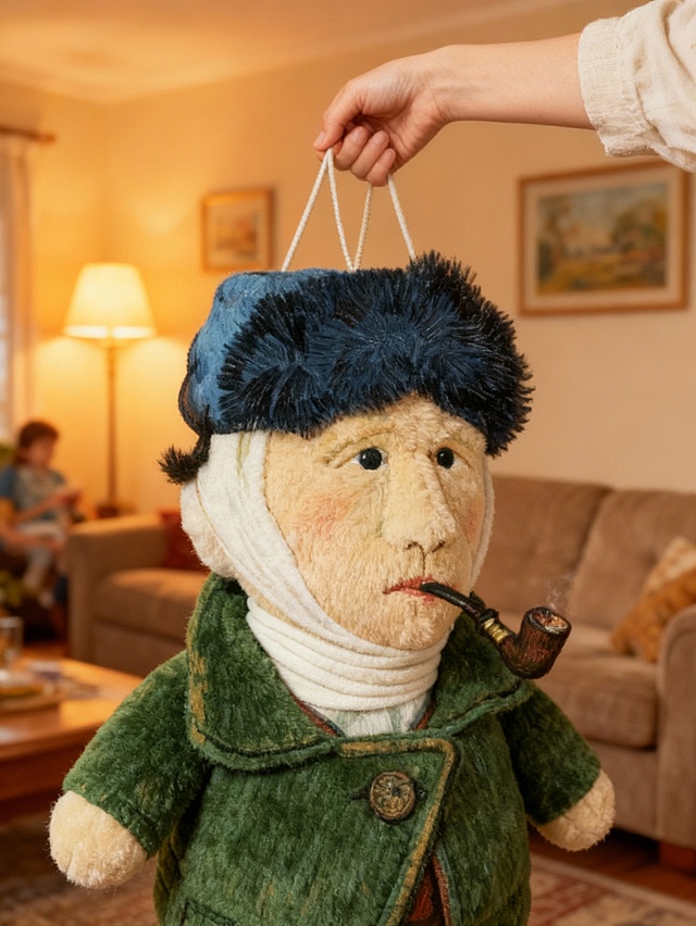 复古刺绣风布偶，拟人化设计，质朴面料质感，温馨家居场景，节日氛围浓厚。