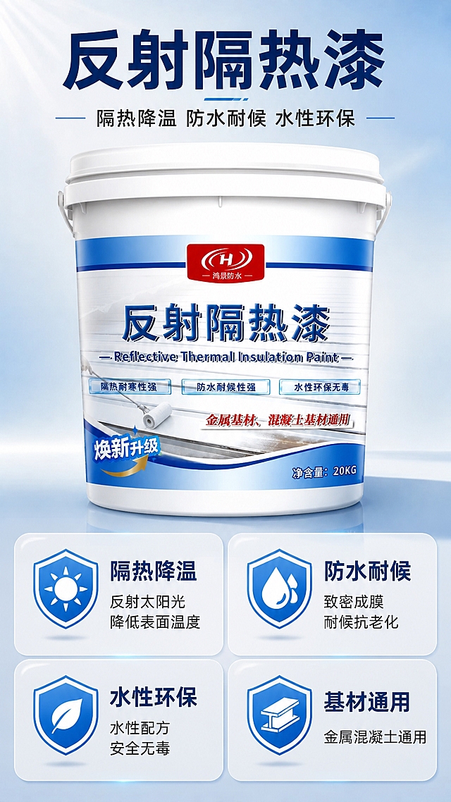 [商品] 使用【图1】鸿景防水反射隔热漆20KG桶装；保留白色桶身、蓝色标签带、红色H形Logo、"反射隔热漆"大字、"鸿景防水"品牌名及桶身整体结构比例；增强桶身质感和标签清晰度。
[画面] 页面目标：核心卖点总览，建立产品认知。构图：上下结构，上方标题区占15%，中间桶身展示占35%，下方四宫格卖点卡占50%；桶身居中放大展示，下方2x2排列4个卖点卡；阅读动线从上到下。前景：桶身主体；中景：卖点卡片；后景：浅蓝渐变背景带细腻纹理。
[视觉] 套系策略：风格=专业工业风商业摄影；标题字=粗黑体；正文字=常规黑体；主色=天空蓝+白色；背景延展=基于蓝白做深浅渐变，浅蓝灰底色带细腻纹理；强调色=亮蓝色，用于图标和重点高亮；标题色=深蓝；正文色=深灰；组件=圆角信息卡、盾牌图标、细线分隔；光影=左前侧柔光，桶身立体光影。
[文字] 顶部主标题"反射隔热漆"（5字），副标题"隔热降温 防水耐候 水性环保"（12字）；下方四宫格卖点卡，每卡配盾牌图标+短标题+说明：1."隔热降温"-反射太阳光 降低表面温度，2."防水耐候"-致密成膜 耐候抗老化，3."水性环保"-水性配方 安全无毒，4."基材通用"-金属混凝土通用；每卡6-8字标题+1行说明。
[规格] 图片比例9:16竖版，2K分辨率，避免变形、错字、文字过小、颜色失真、桶身结构改变。